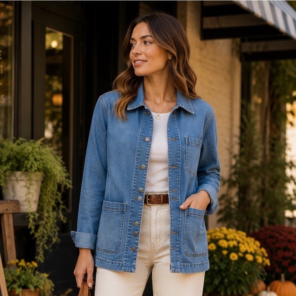 Utility Minimalist Denim Chore Jean Jacket Barn Coastal Luxe Artsy Blue Sz S
